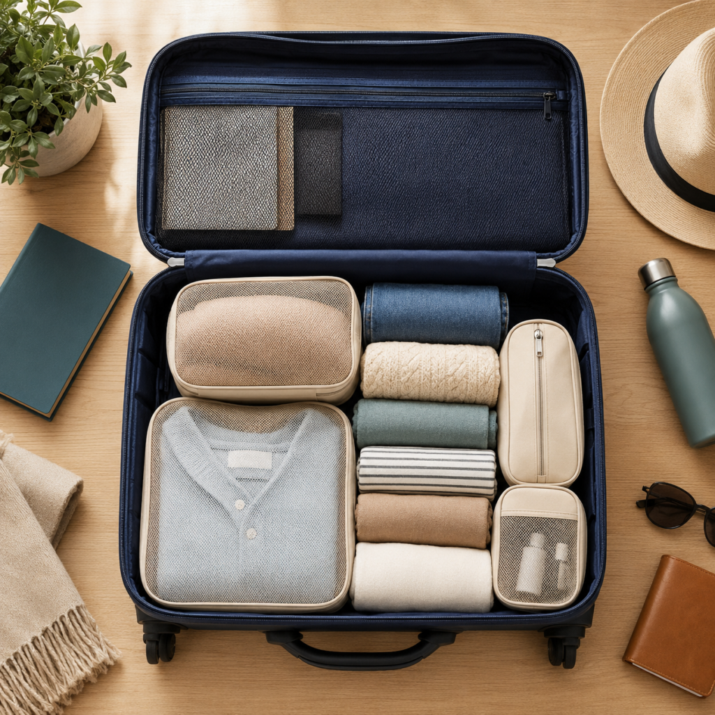 Open carry-on suitcase organized with packing cubes and travel essentials