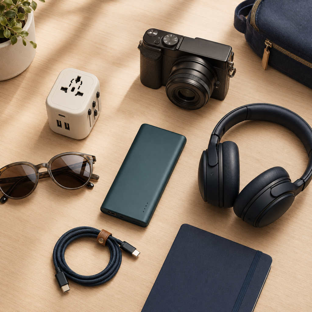Travel camera, power bank, adapter, headphones, charging cable, and sunglasses