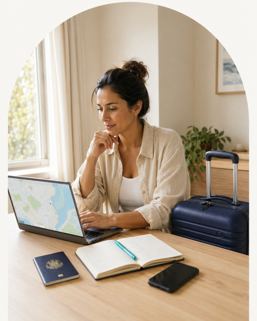 Traveler reviewing trip plans on a laptop with a planner, passport, phone, and carry-on