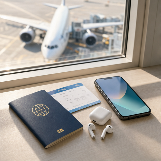 Passport, boarding pass, phone, and earbuds beside an airport window