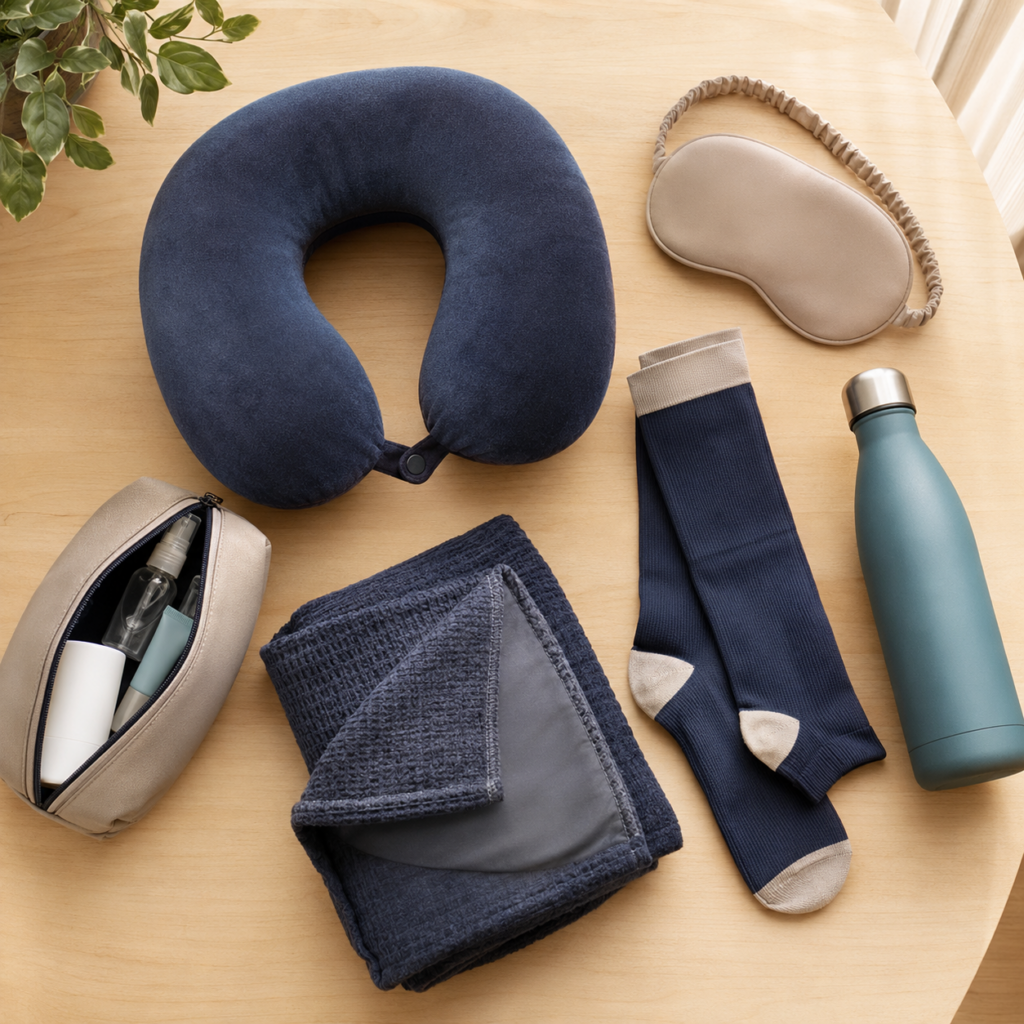 Travel neck pillow, sleep mask, compression socks, water bottle, toiletry pouch, and blanket