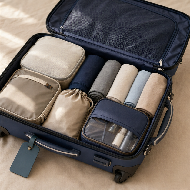Open carry-on suitcase organized with packing cubes and rolled clothing