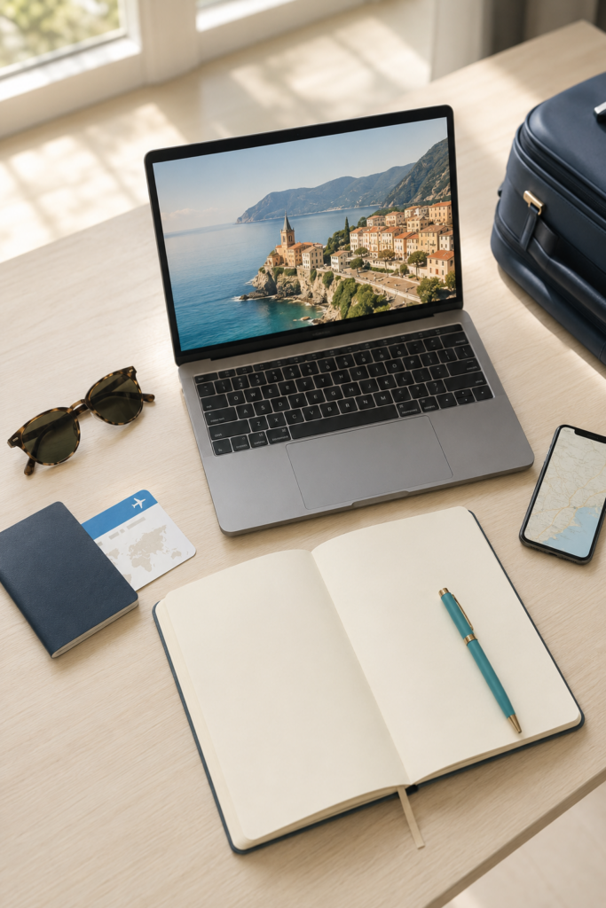 Travel planning desk with laptop, planner, travel documents, phone, sunglasses and carry-on luggage.