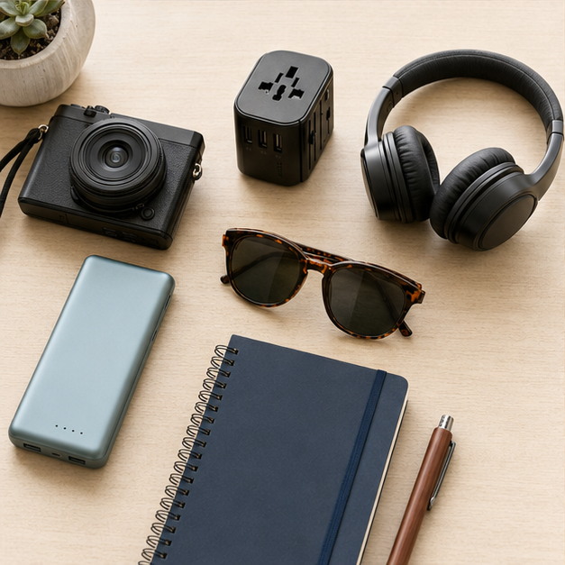 Camera, travel adapter, headphones, portable charger, sunglasses, and notebook