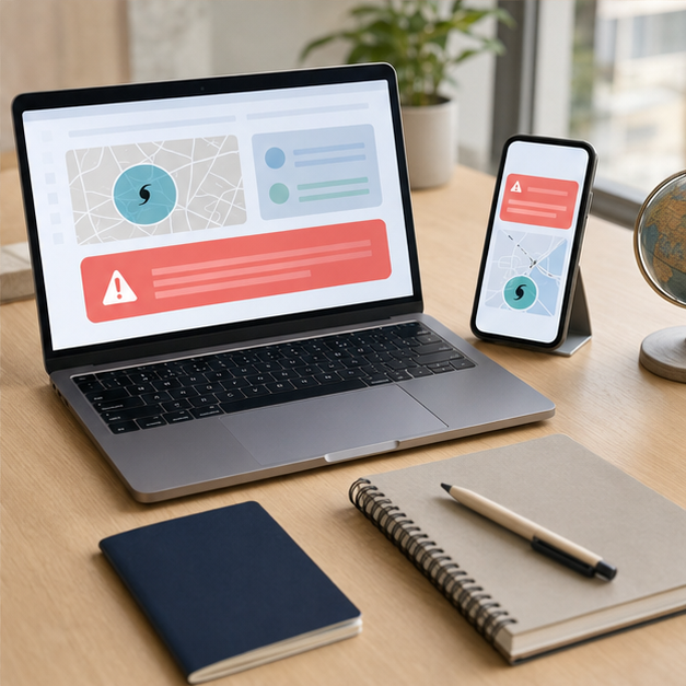 Laptop and phone displaying travel alerts beside a passport and planner