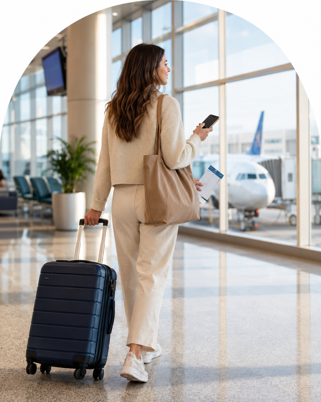 Traveler with carry-on luggage preparing for a flight at the airport